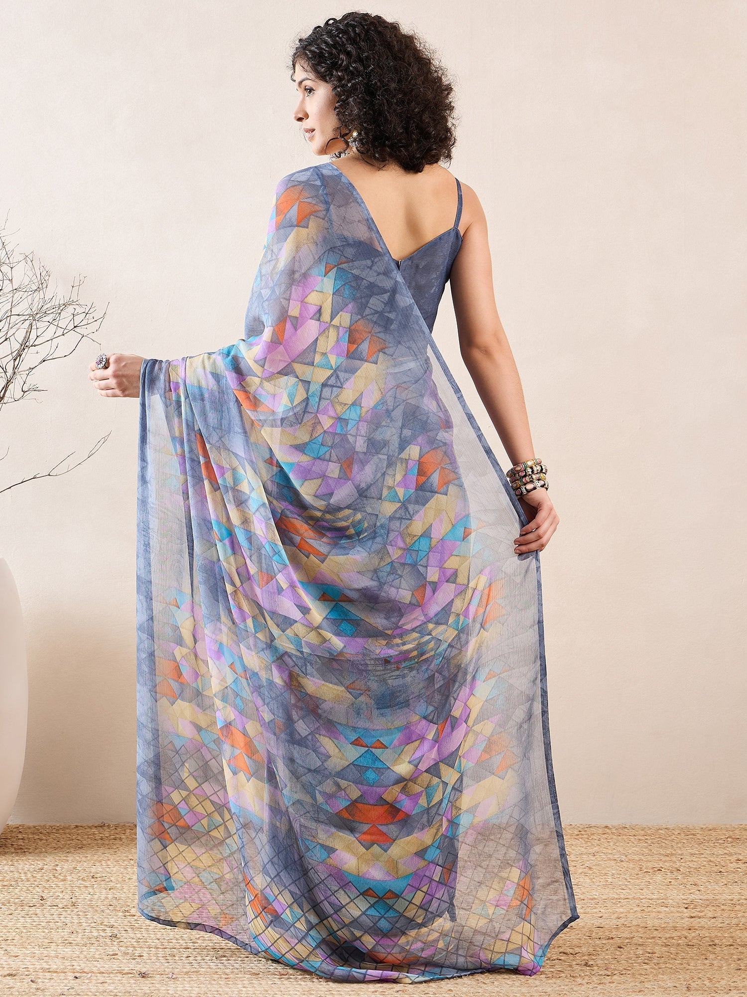 Ready to Wear Geometric Print Chiffon Saree - Ressa