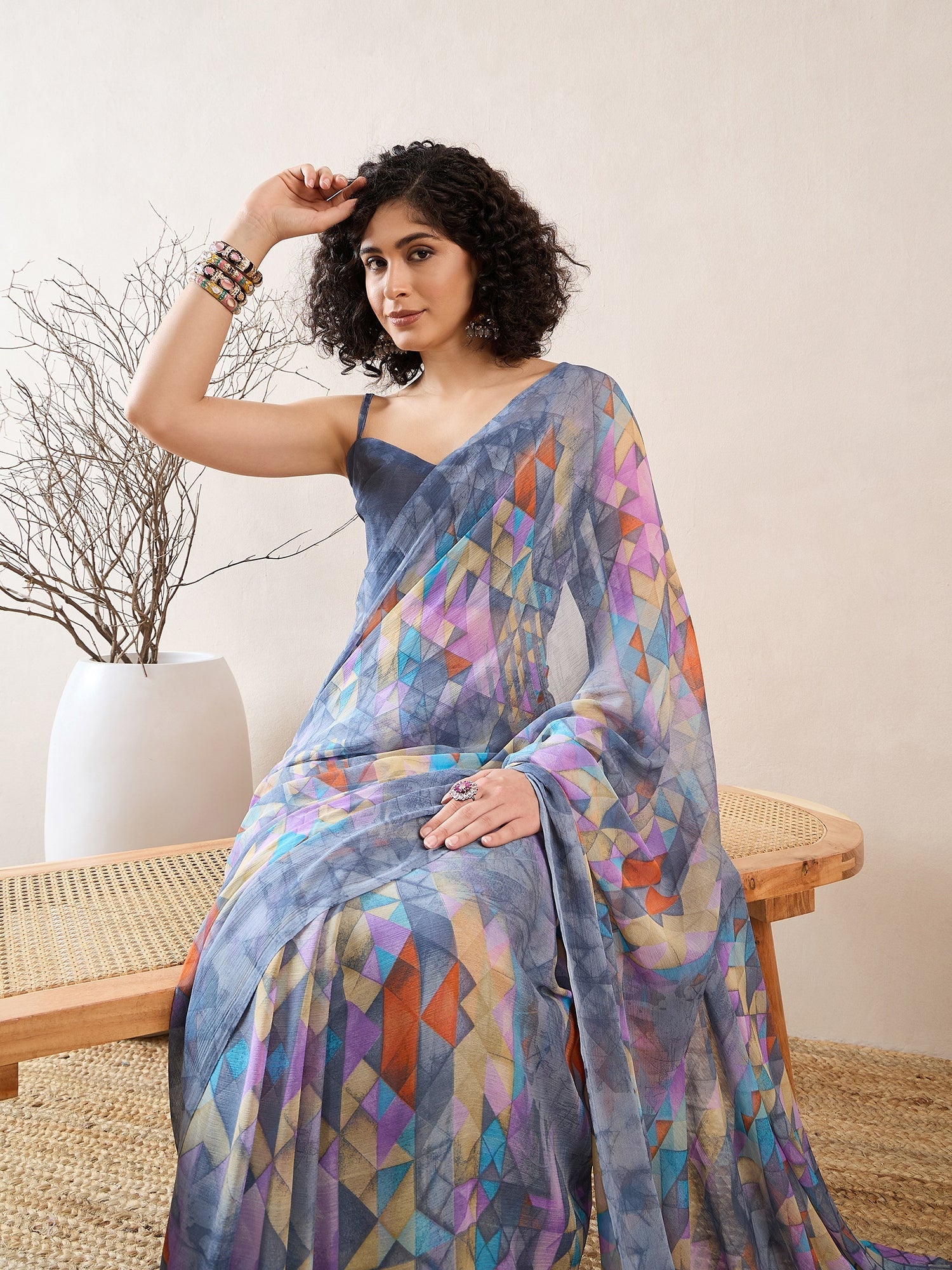 Ready to Wear Geometric Print Chiffon Saree - Ressa