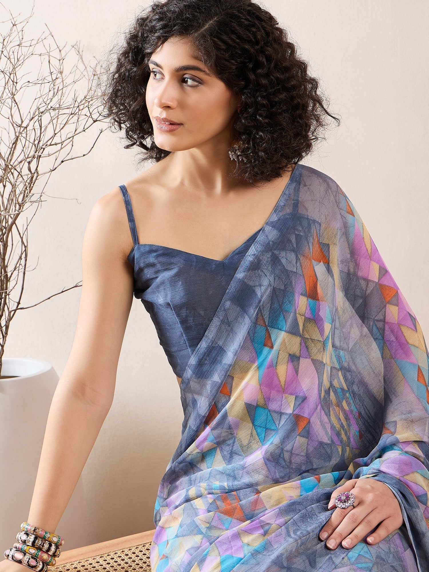 Ready to Wear Geometric Print Chiffon Saree - Ressa