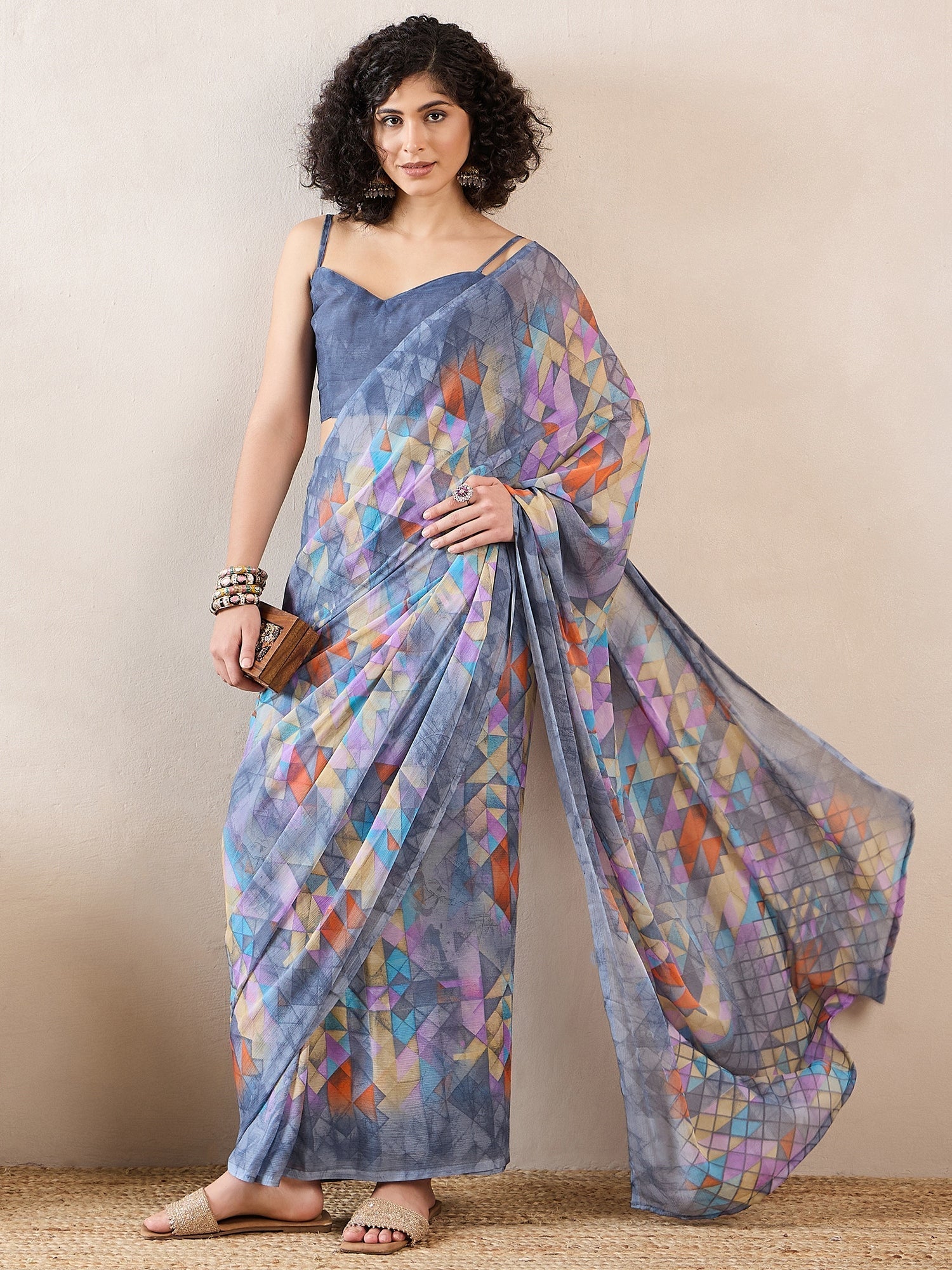 Ready to Wear Geometric Print Chiffon Saree - Ressa