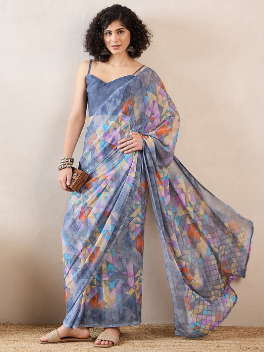 Ready to Wear Geometric Print Chiffon Saree - Ressa