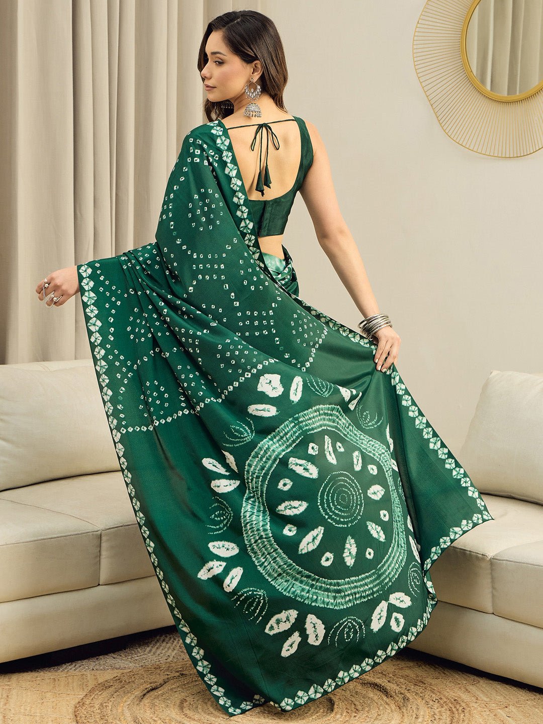 Ready to Wear Green Bandhani Print Crepe Saree - Ressa