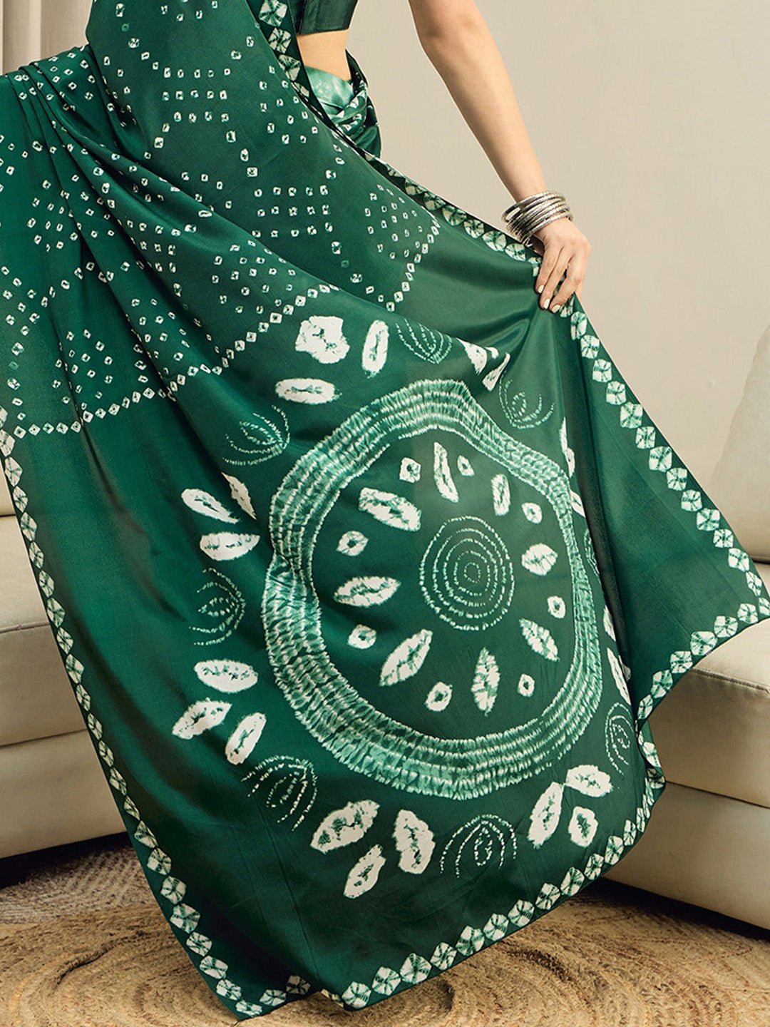 Ready to Wear Green Bandhani Print Crepe Saree - Ressa