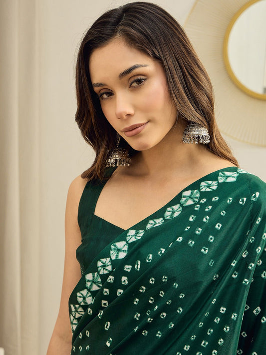 Ready to Wear Green Bandhani Print Crepe Saree - Ressa