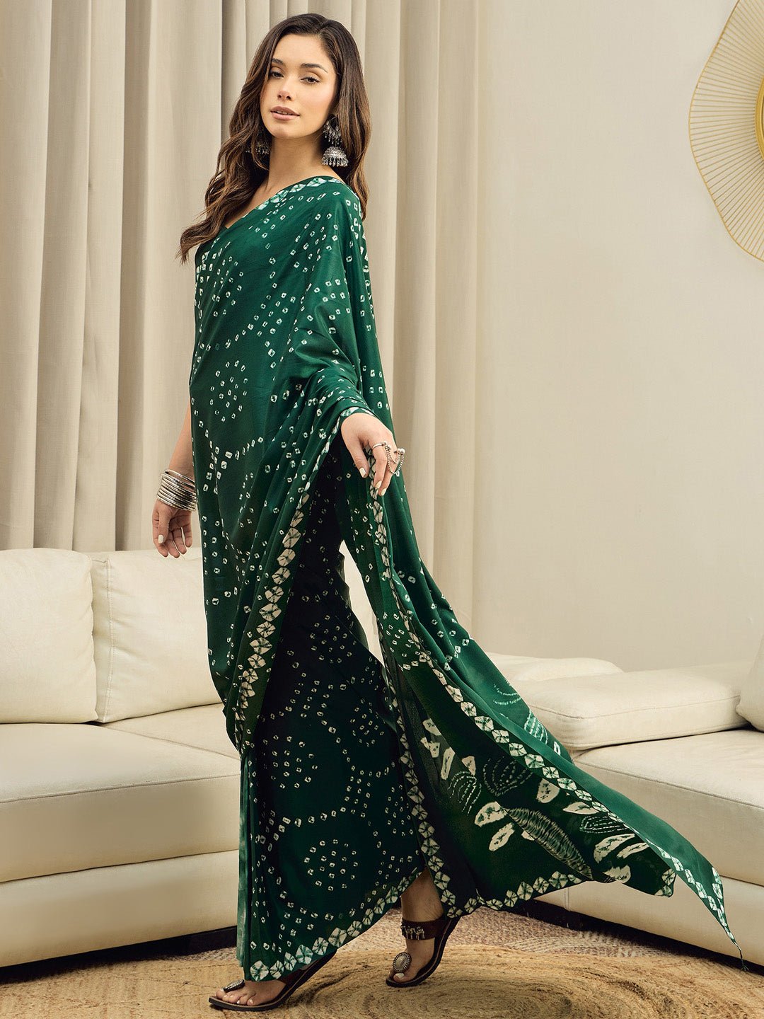 Ready to Wear Green Bandhani Print Crepe Saree - Ressa