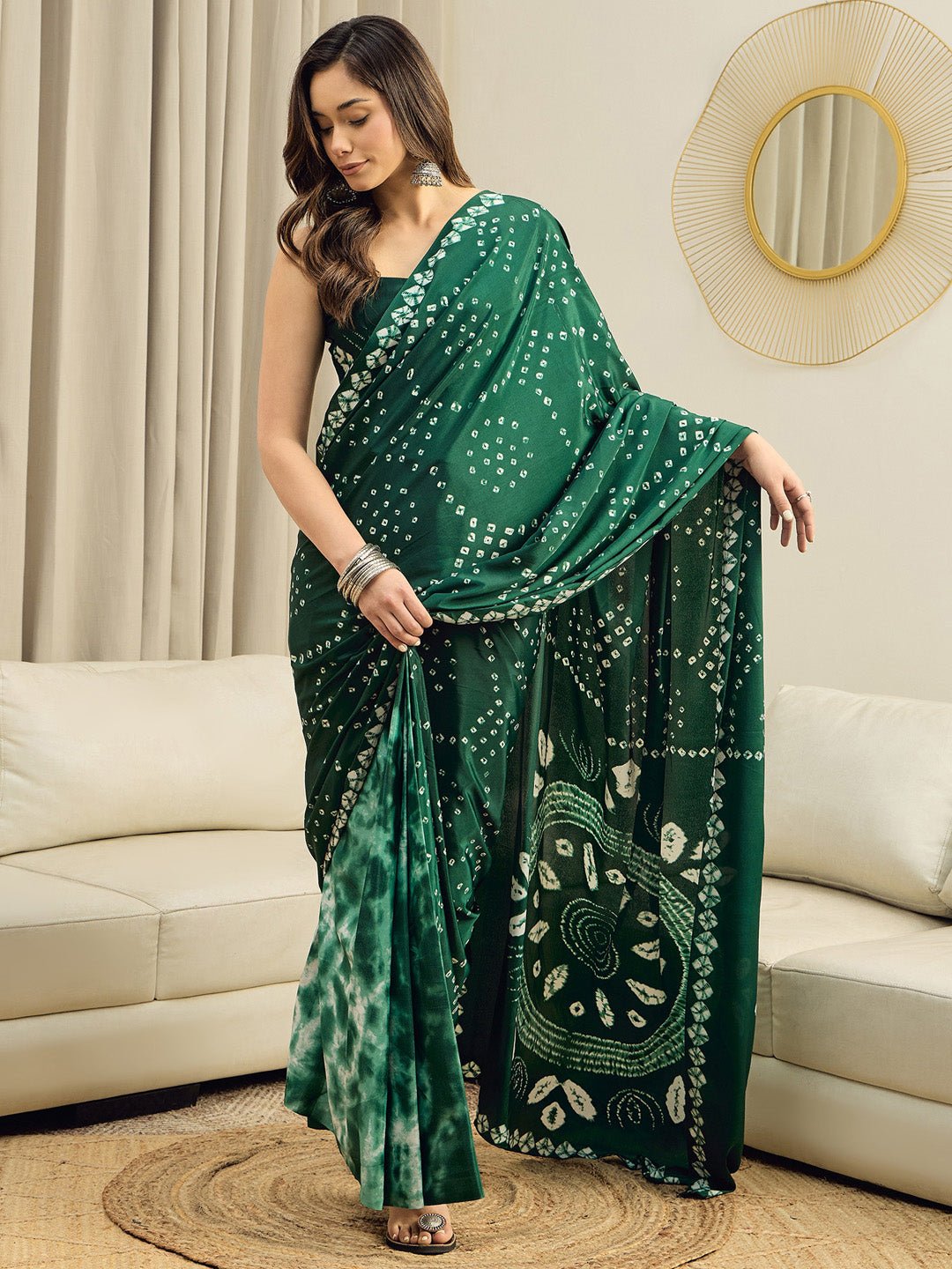 Ready to Wear Green Bandhani Print Crepe Saree - Ressa