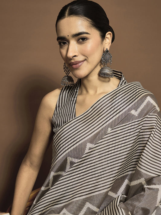Ready to Wear Grey Print Bhagalpuri Silk Saree - Ressa