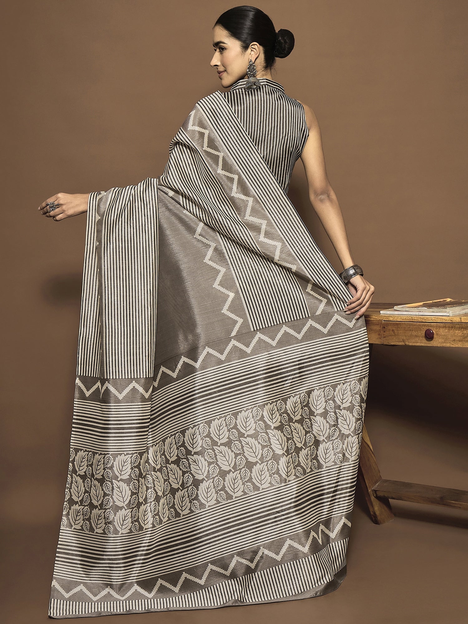 Ready to Wear Grey Print Bhagalpuri Silk Saree - Ressa