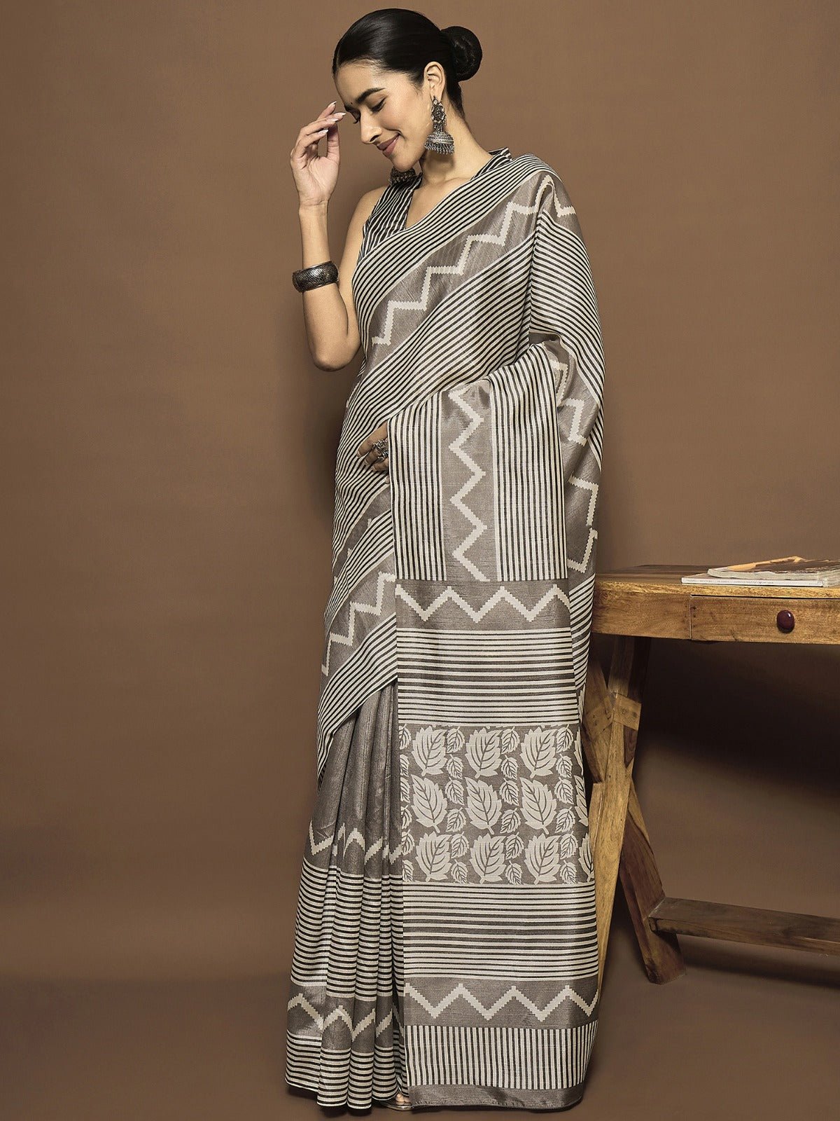 Ready to Wear Grey Print Bhagalpuri Silk Saree - Ressa
