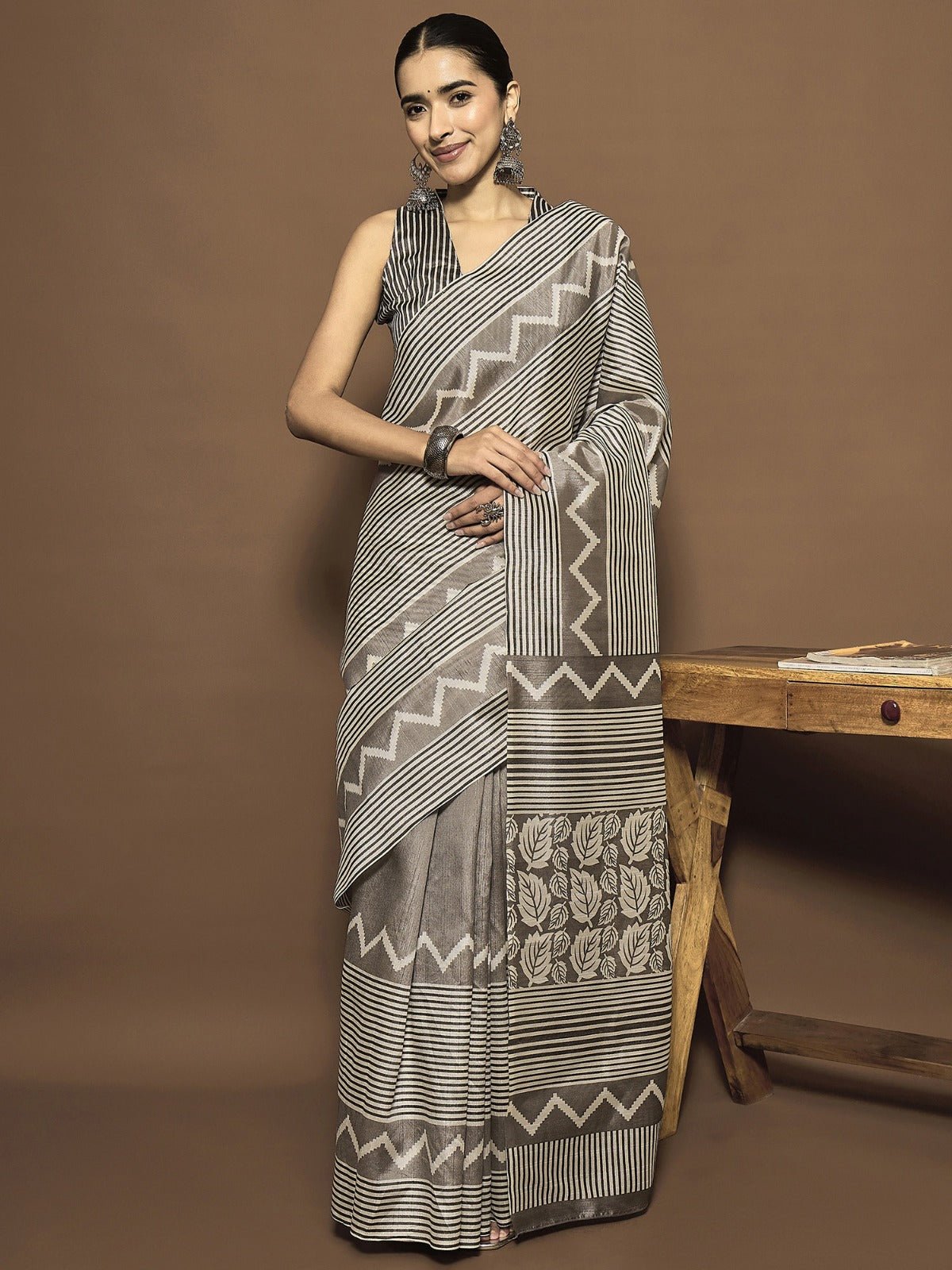 Ready to Wear Grey Print Bhagalpuri Silk Saree - Ressa