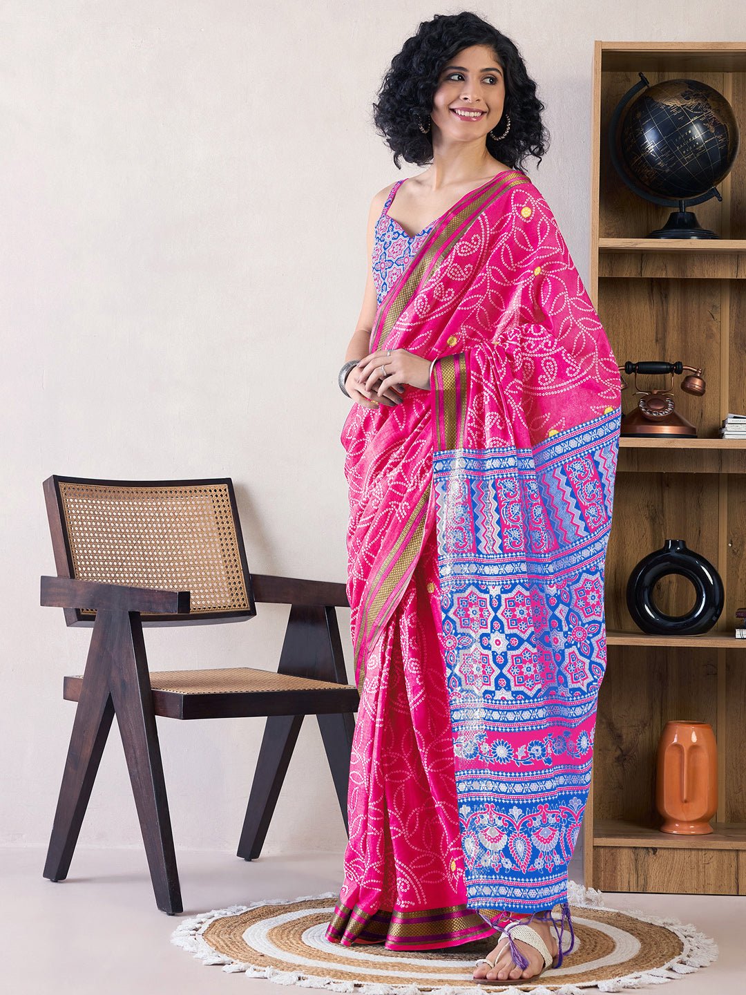 Ready to Wear Hot Pink Cotton Bandhani Saree - Ressa