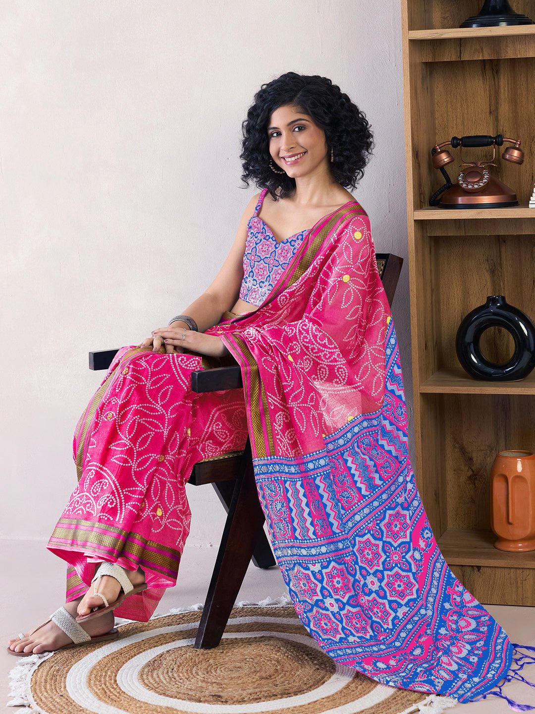 Ready to Wear Hot Pink Cotton Bandhani Saree - Ressa