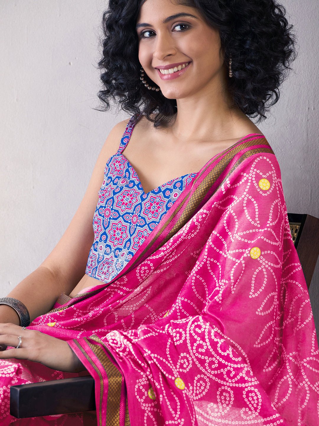Ready to Wear Hot Pink Cotton Bandhani Saree - Ressa
