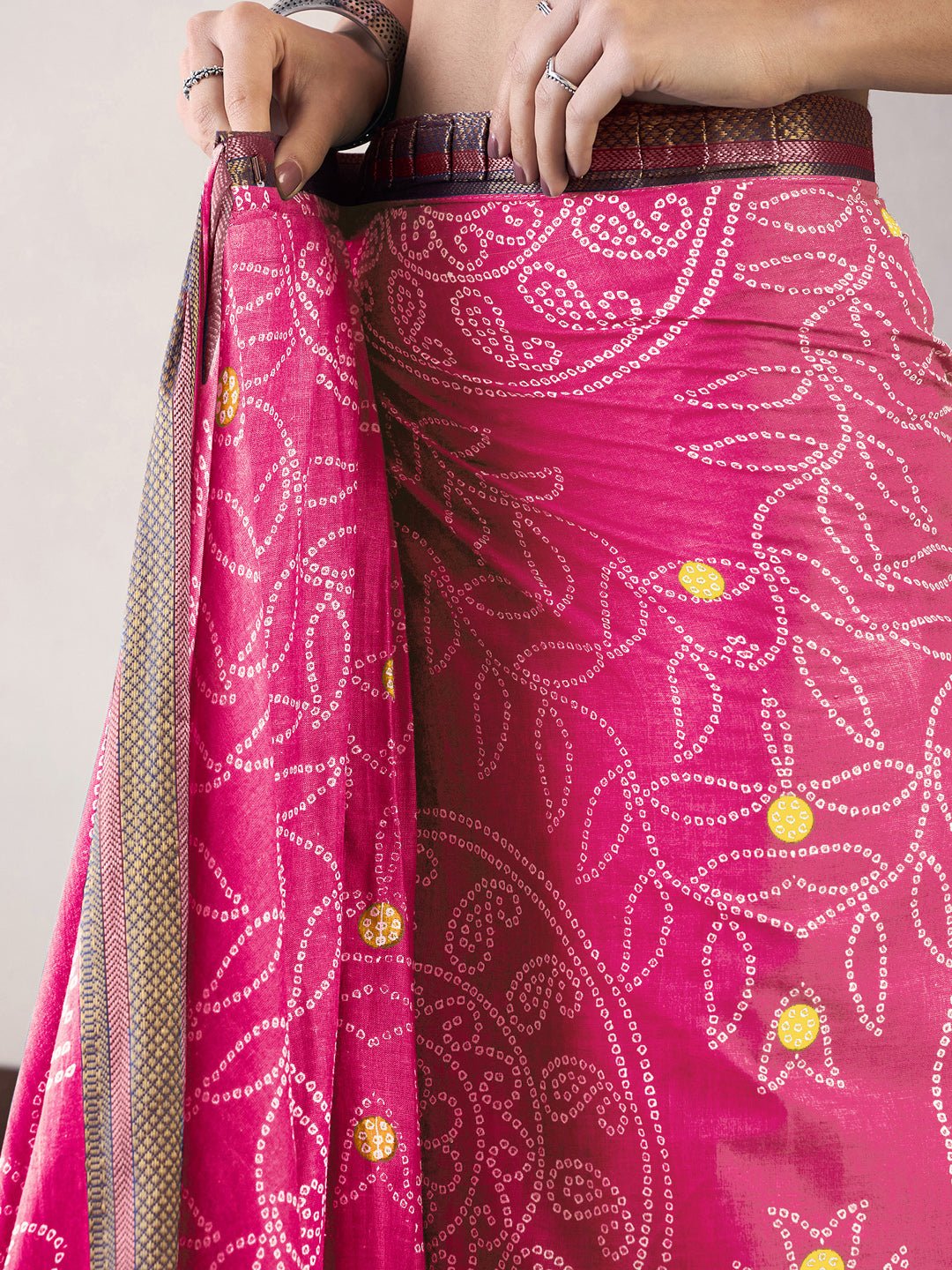 Ready to Wear Hot Pink Cotton Bandhani Saree - Ressa