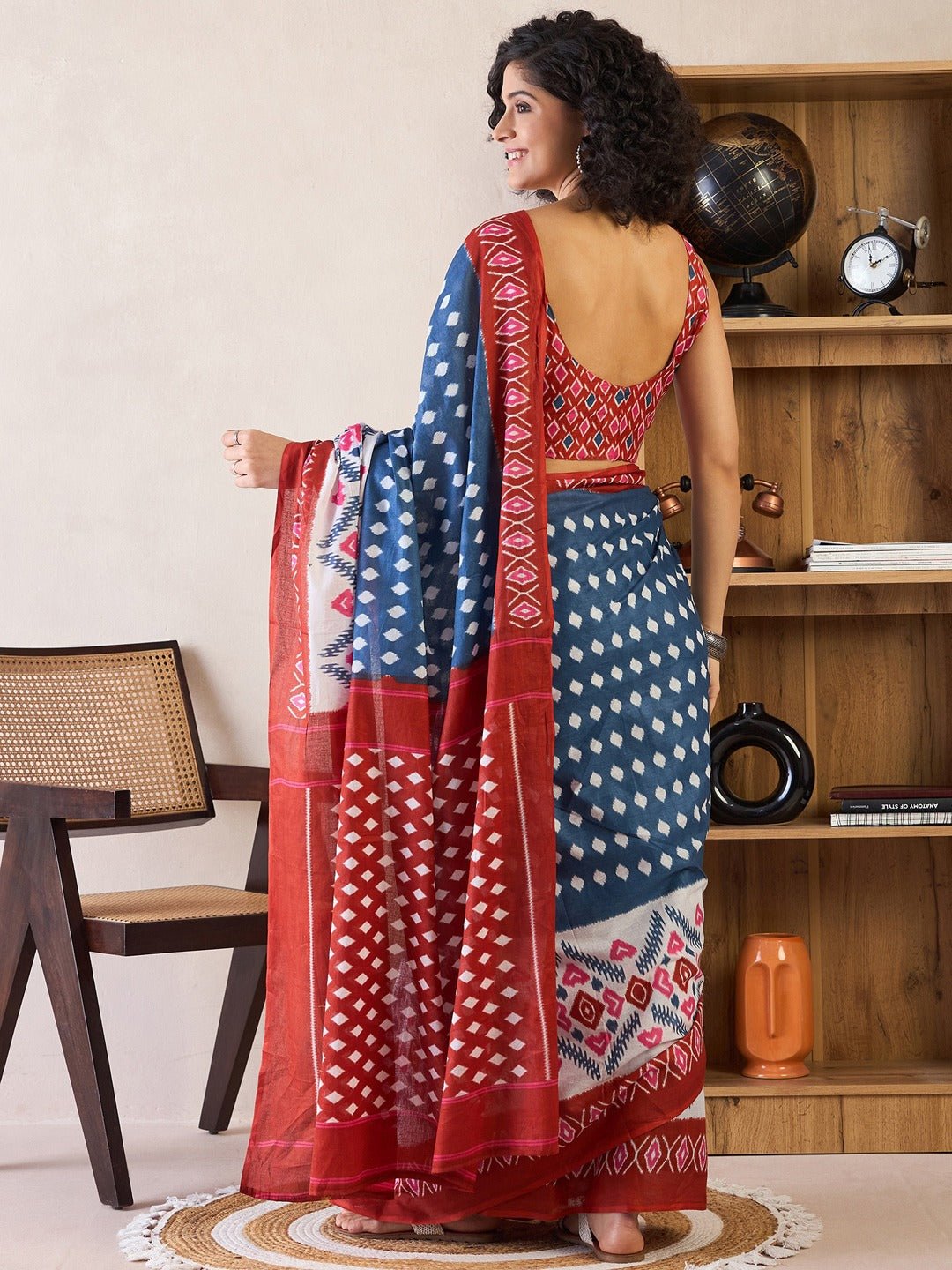 Ready to Wear Indigo Blue Ikat Cotton Saree - Ressa