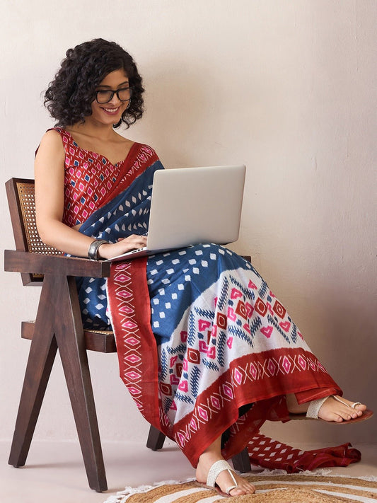 Ready to Wear Indigo Blue Ikat Cotton Saree - Ressa