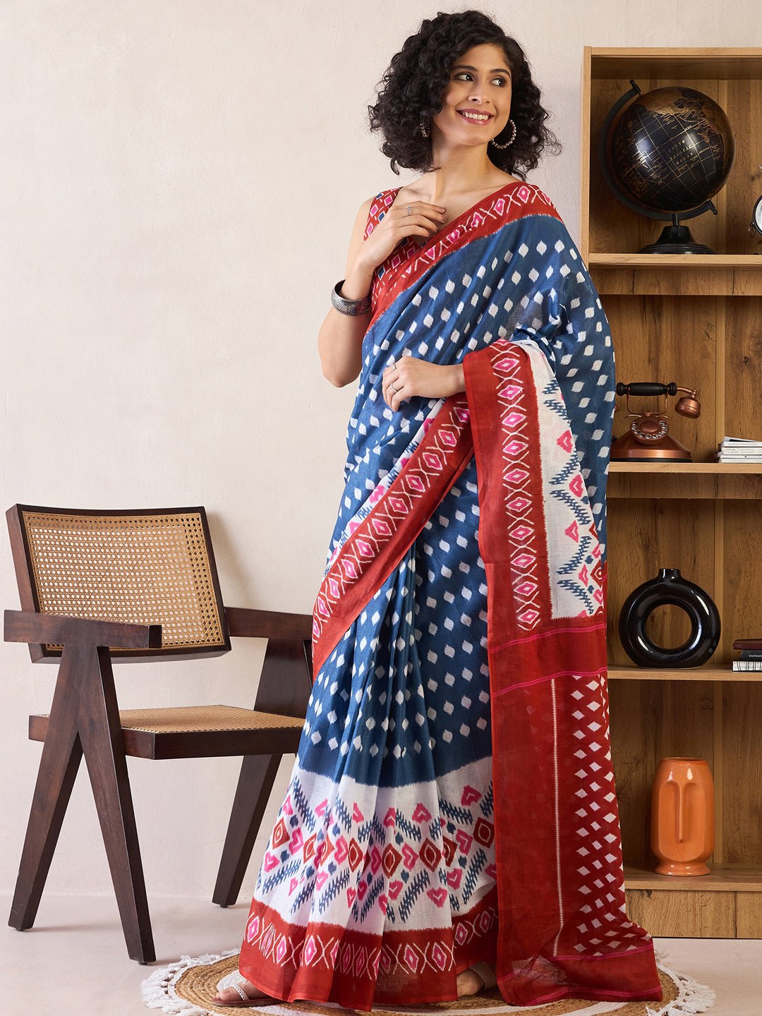 Ready to Wear Indigo Blue Ikat Cotton Saree - Ressa