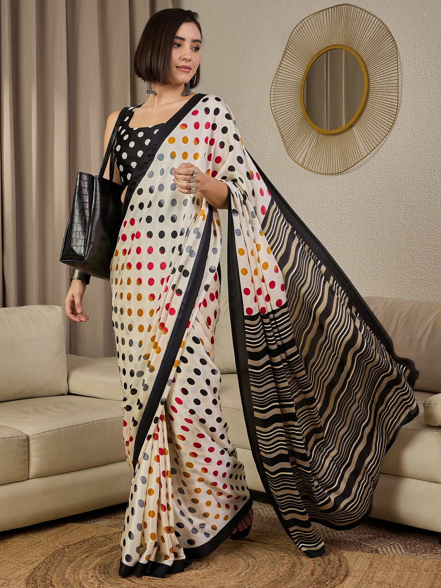 Ready to wear Ivory Crepe Printed Saree - Ressa