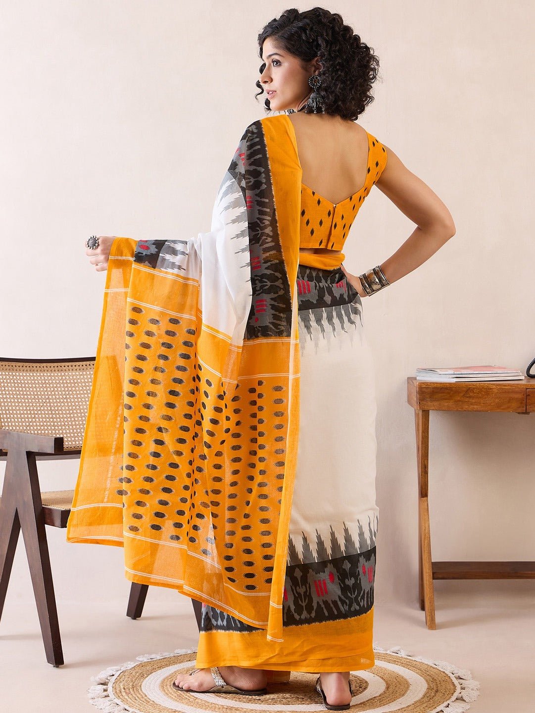 Ready to Wear Ivory & Marigold Yellow Cotton Ikat Saree - Ressa