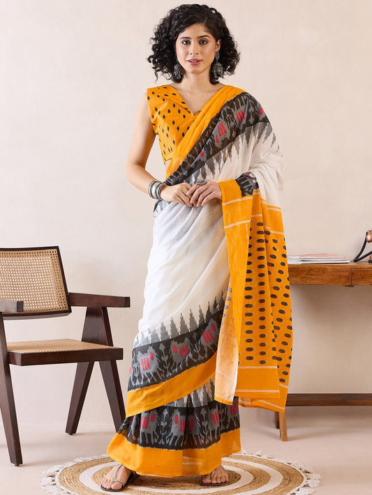 Ready to Wear Ivory & Marigold Yellow Cotton Ikat Saree - Ressa
