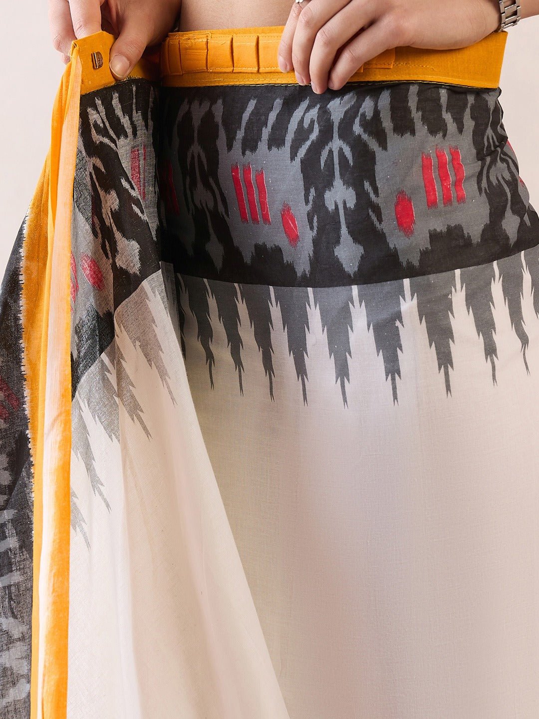 Ready to Wear Ivory & Marigold Yellow Cotton Ikat Saree - Ressa
