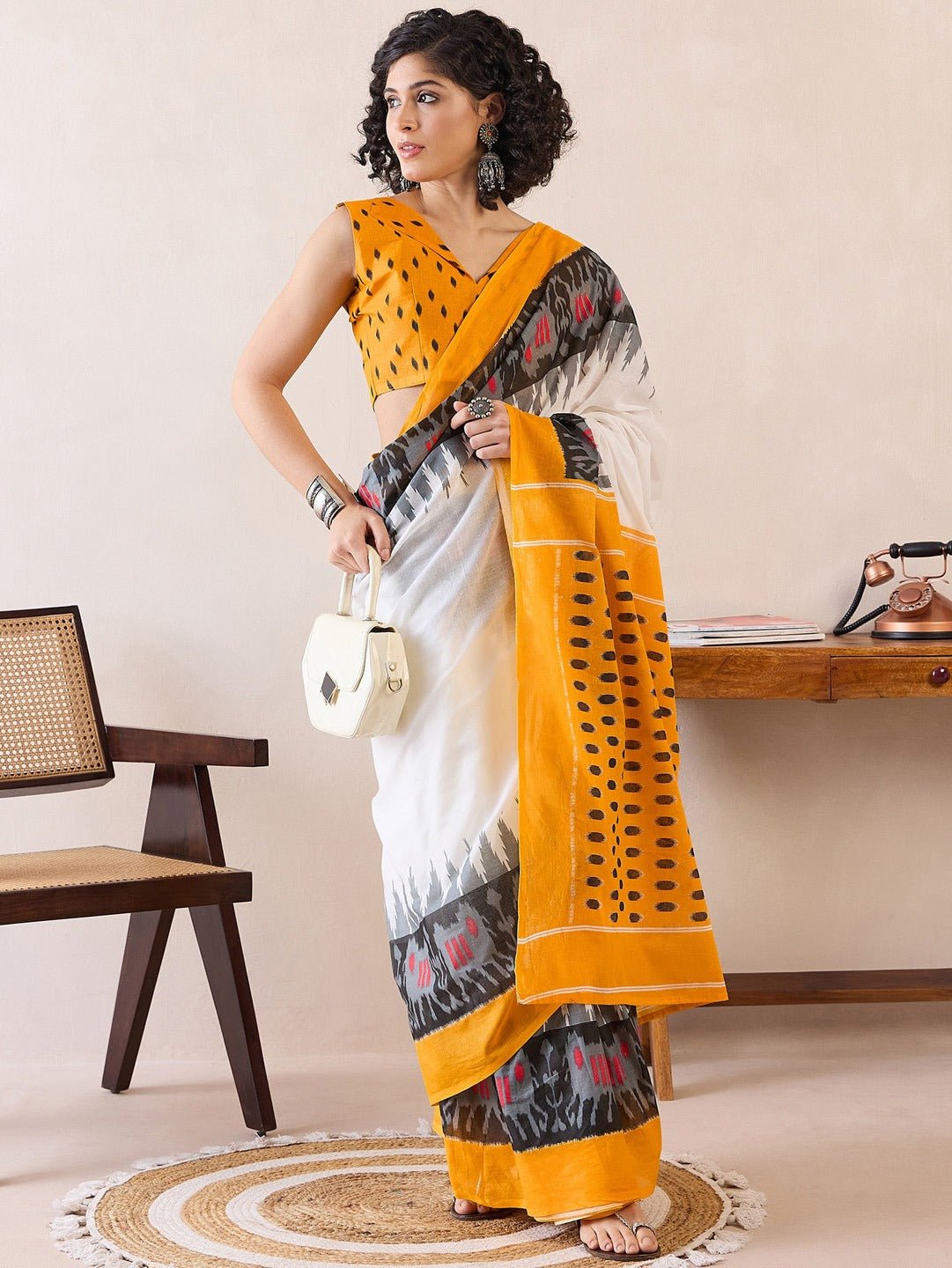 Ready to Wear Ivory & Marigold Yellow Cotton Ikat Saree - Ressa