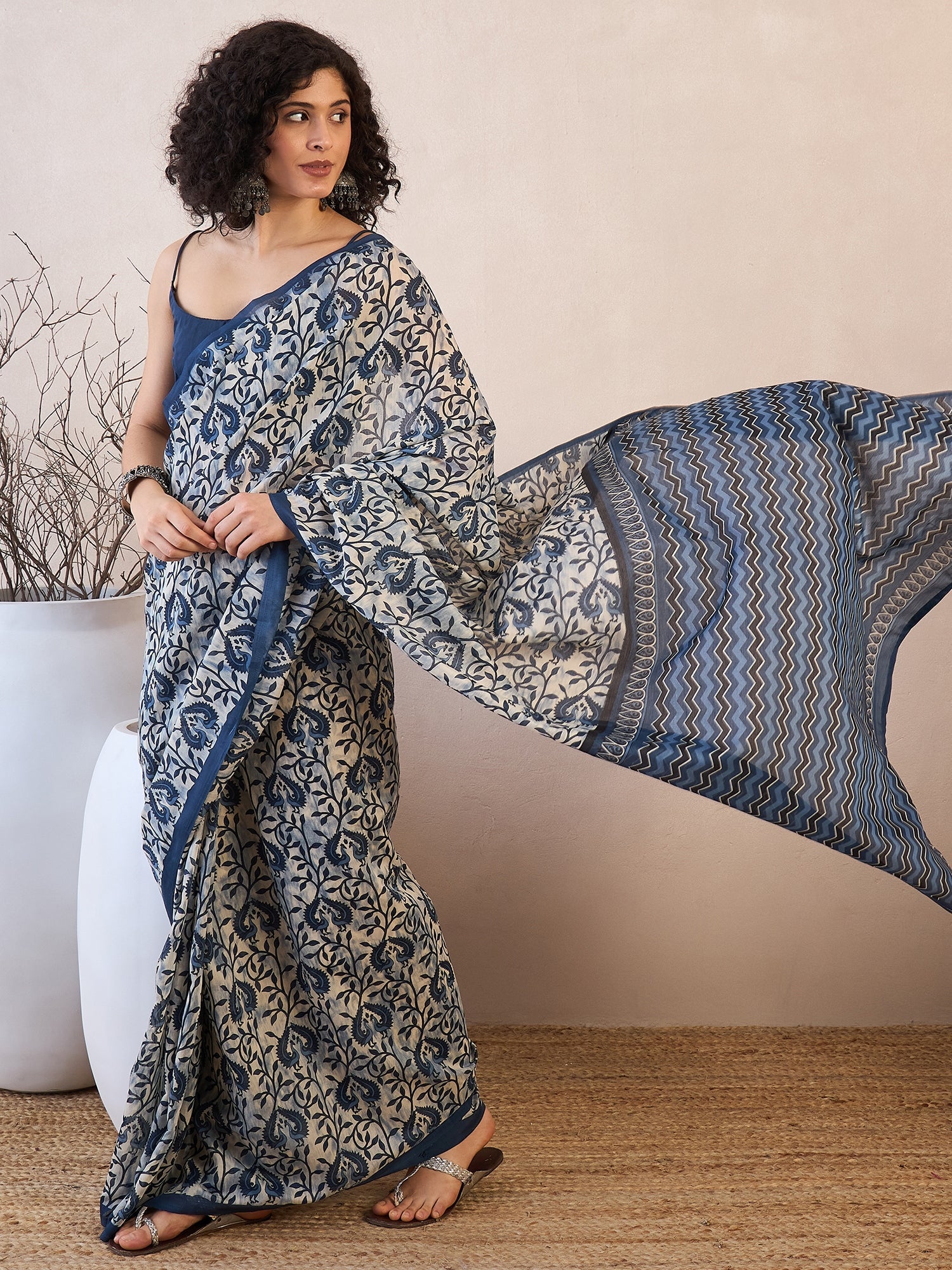 Ready to wear Ivory Print Bhagalpuri Silk Saree - Ressa
