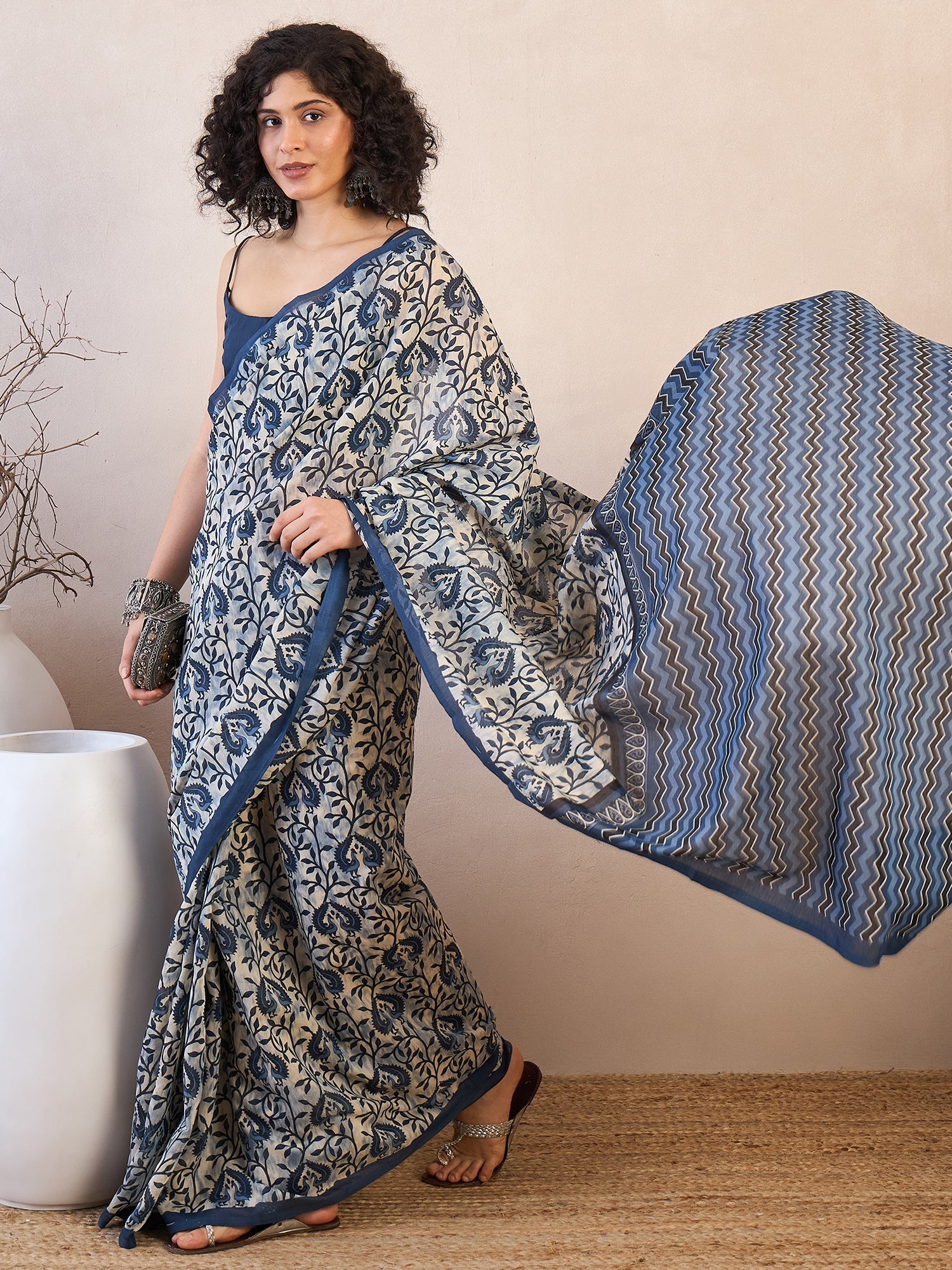 Ready to wear Ivory Print Bhagalpuri Silk Saree - Ressa