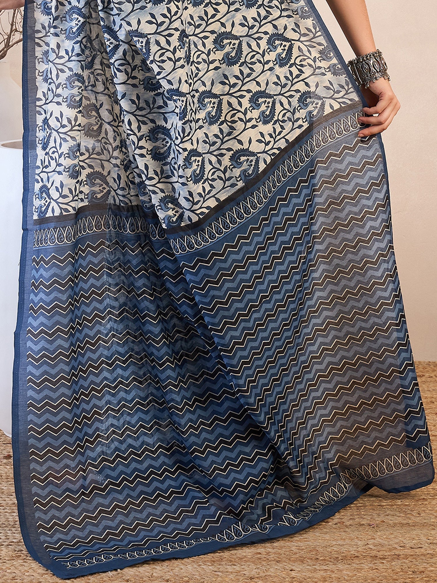 Ready to wear Ivory Print Bhagalpuri Silk Saree - Ressa