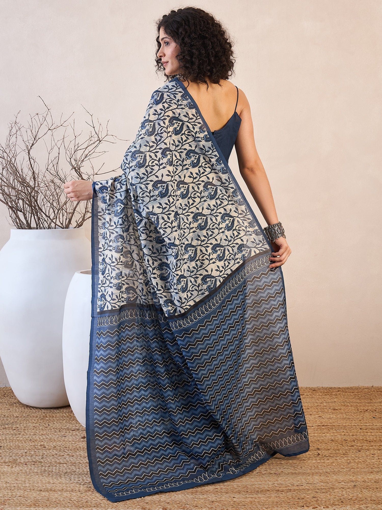 Ready to wear Ivory Print Bhagalpuri Silk Saree - Ressa