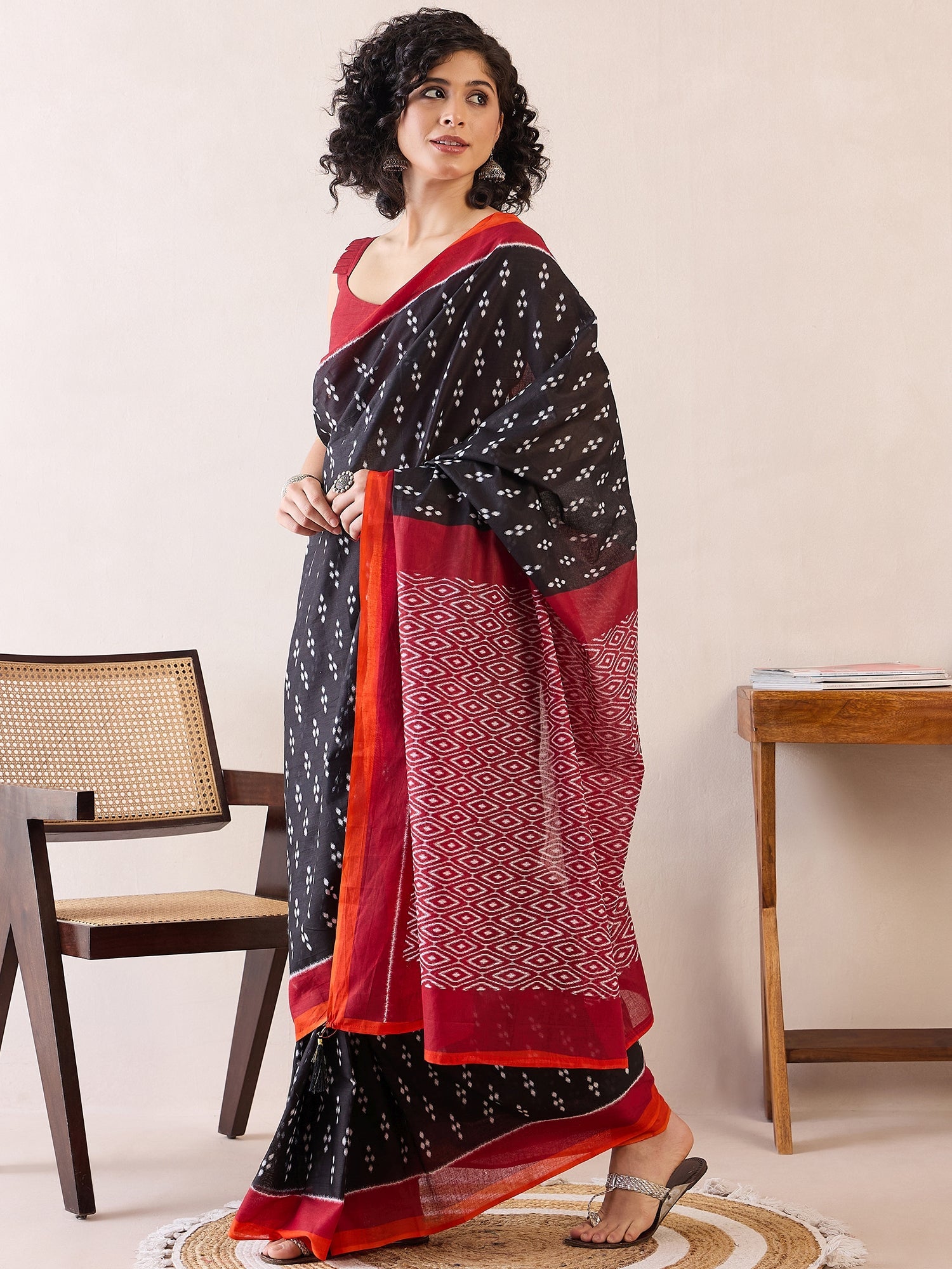Ready to Wear Jet Black Ikat Cotton Saree - Ressa