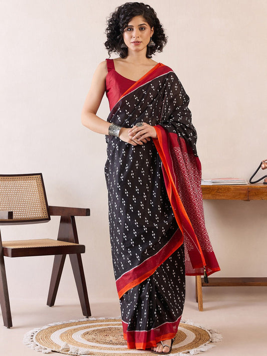 Ready to Wear Jet Black Ikat Cotton Saree - Ressa