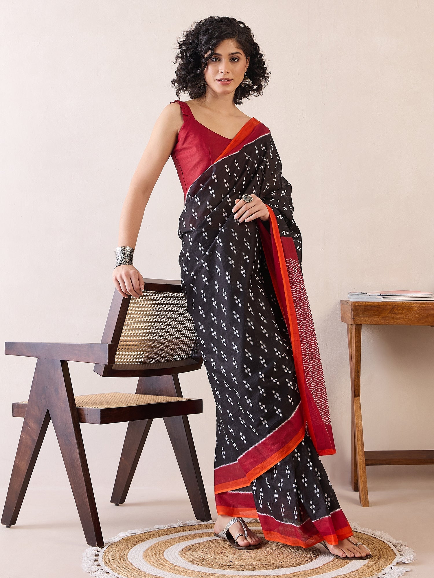 Ready to Wear Jet Black Ikat Cotton Saree - Ressa