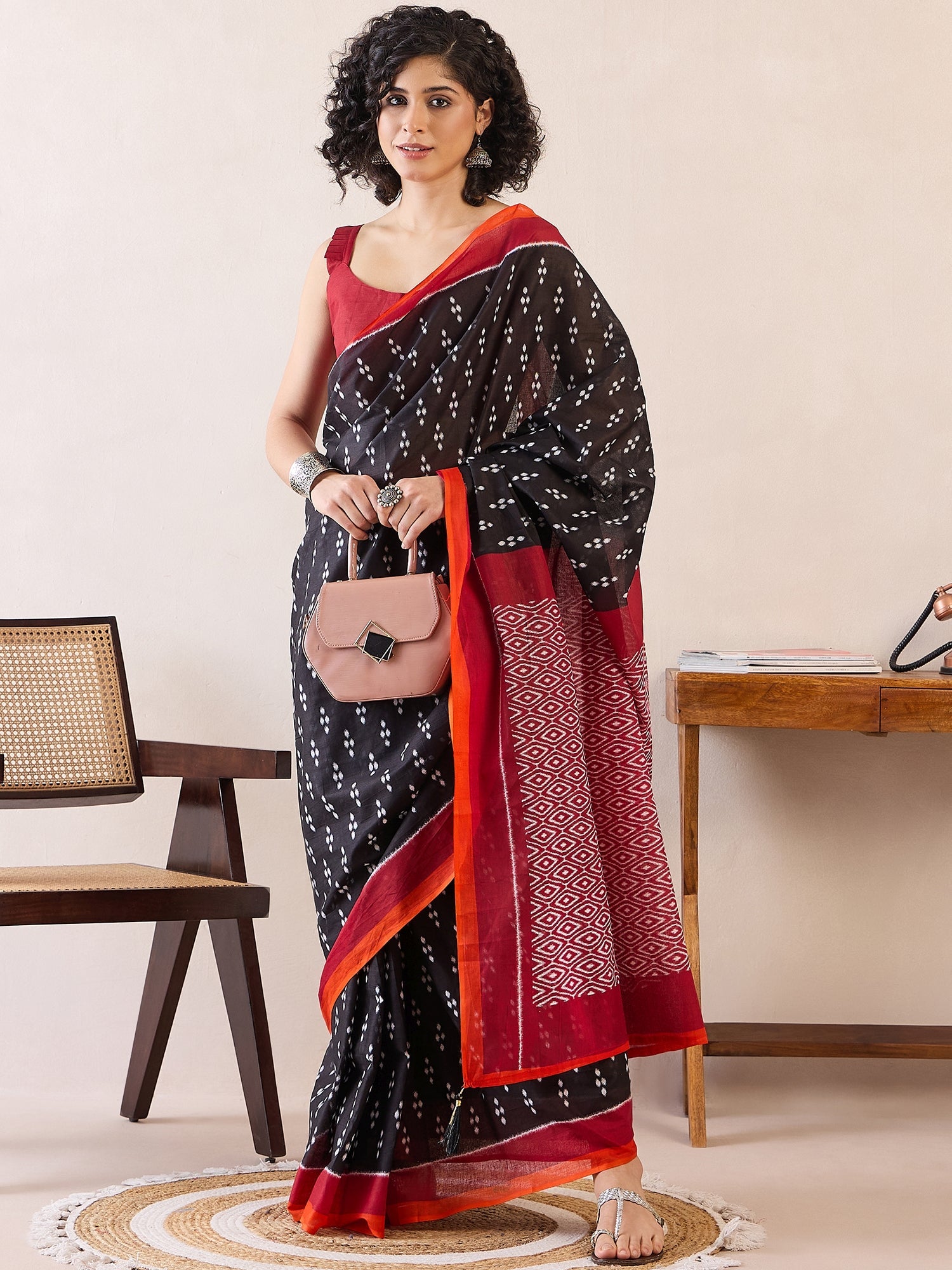 Ready to Wear Jet Black Ikat Cotton Saree - Ressa