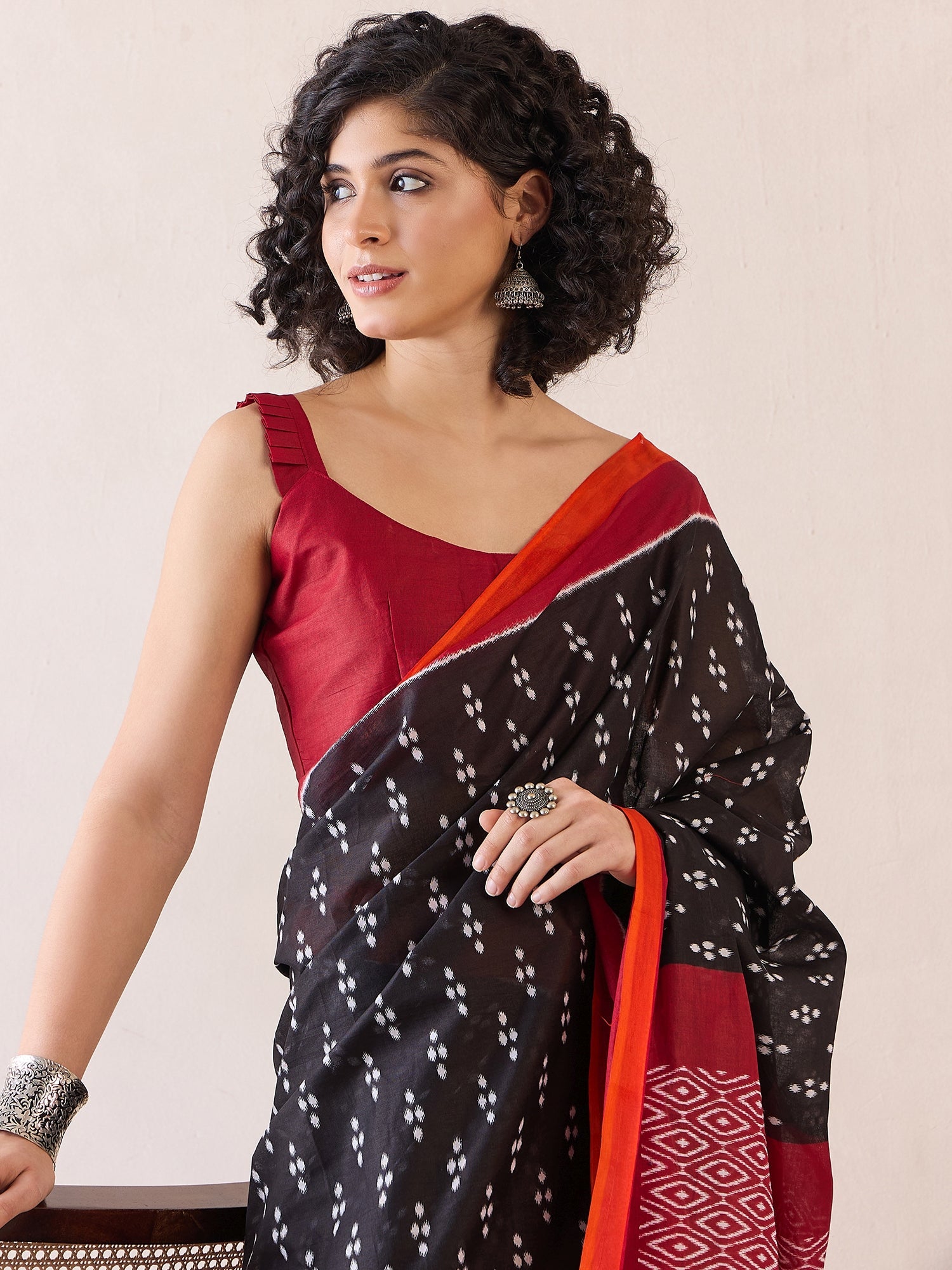 Ready to Wear Jet Black Ikat Cotton Saree - Ressa