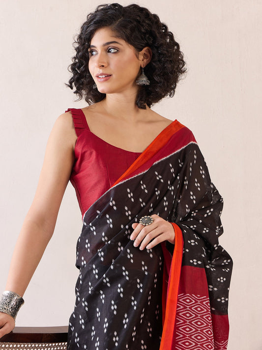 Ready to Wear Jet Black Ikat Cotton Saree - Ressa