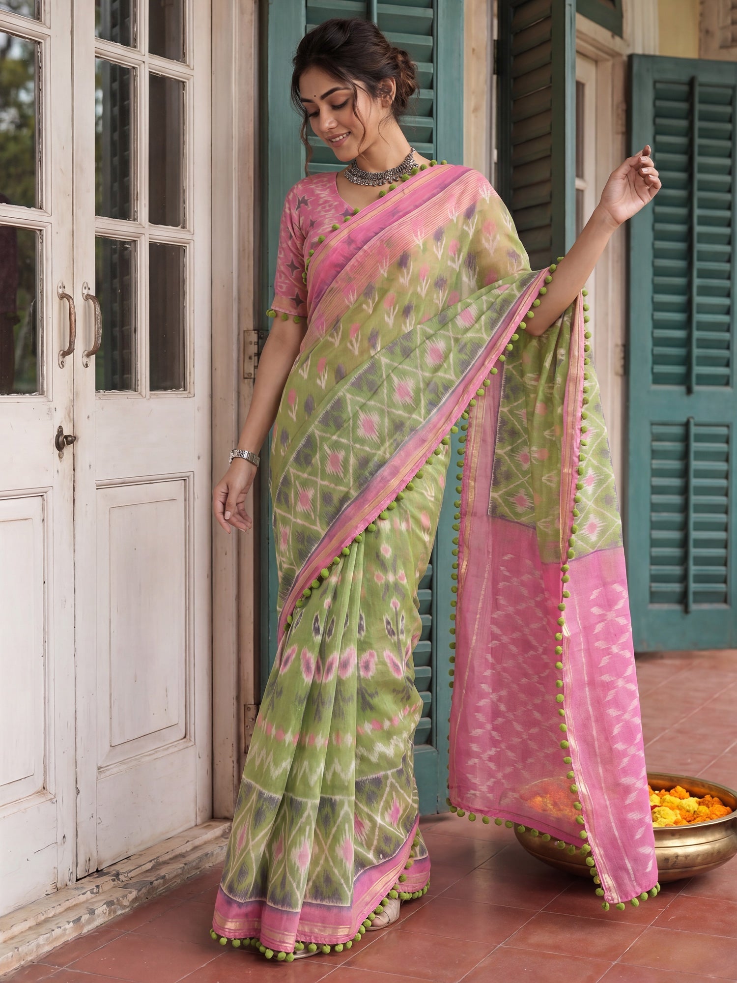 Ready to Wear Light Green Ikkat Printed Saree - Ressa