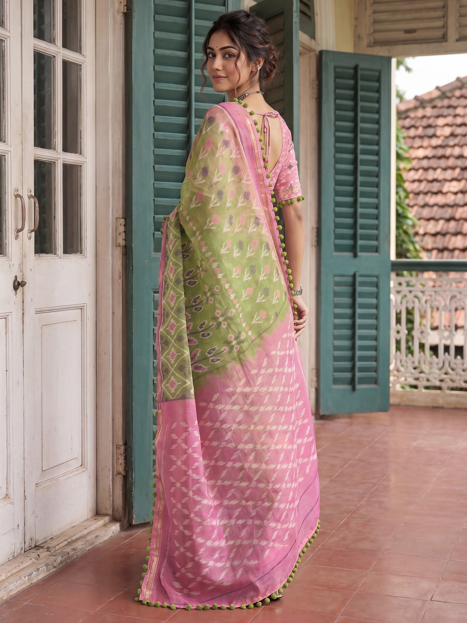 Ready to Wear Light Green Ikkat Printed Saree - Ressa