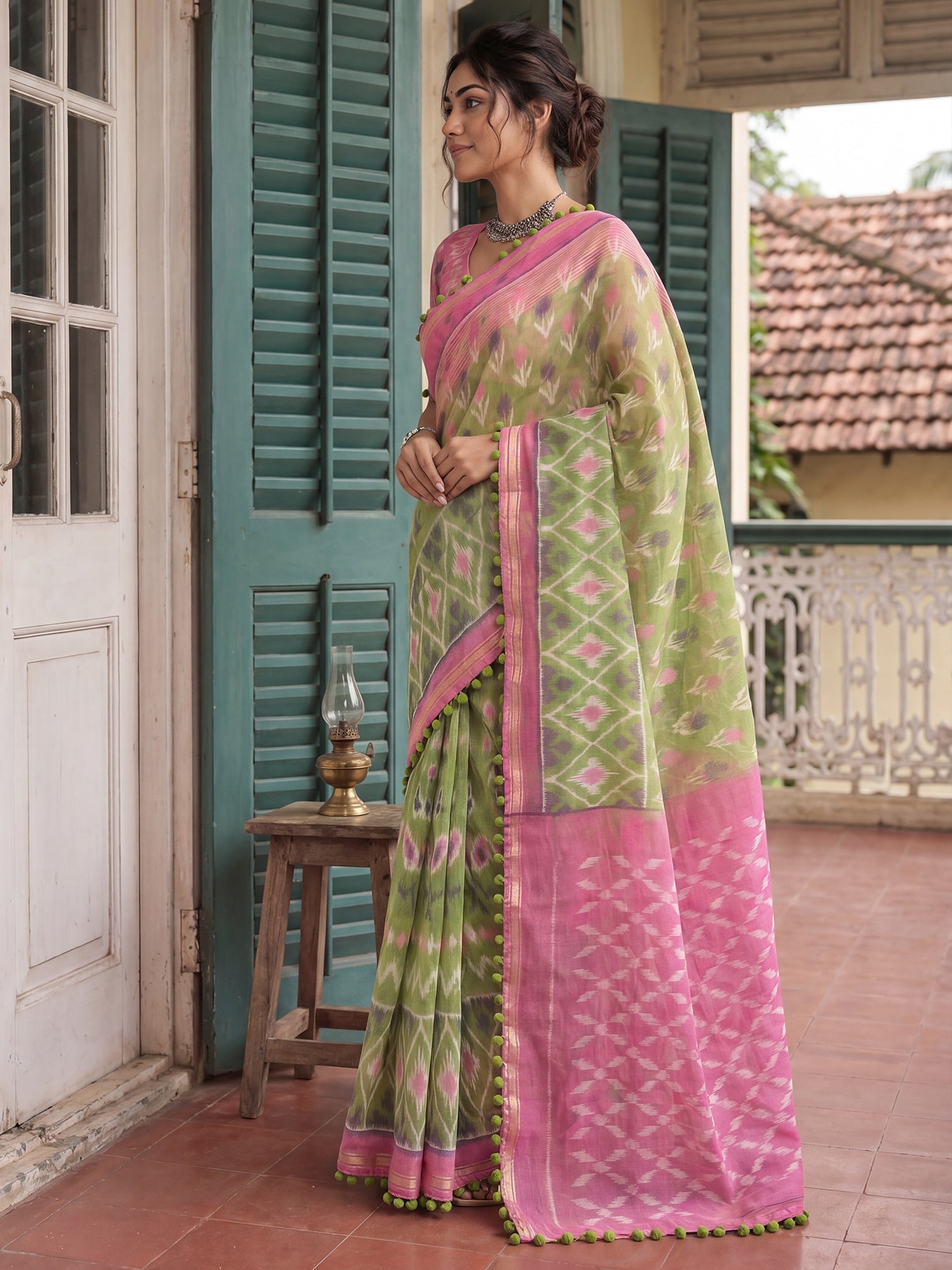 Ready to Wear Light Green Ikkat Printed Saree - Ressa