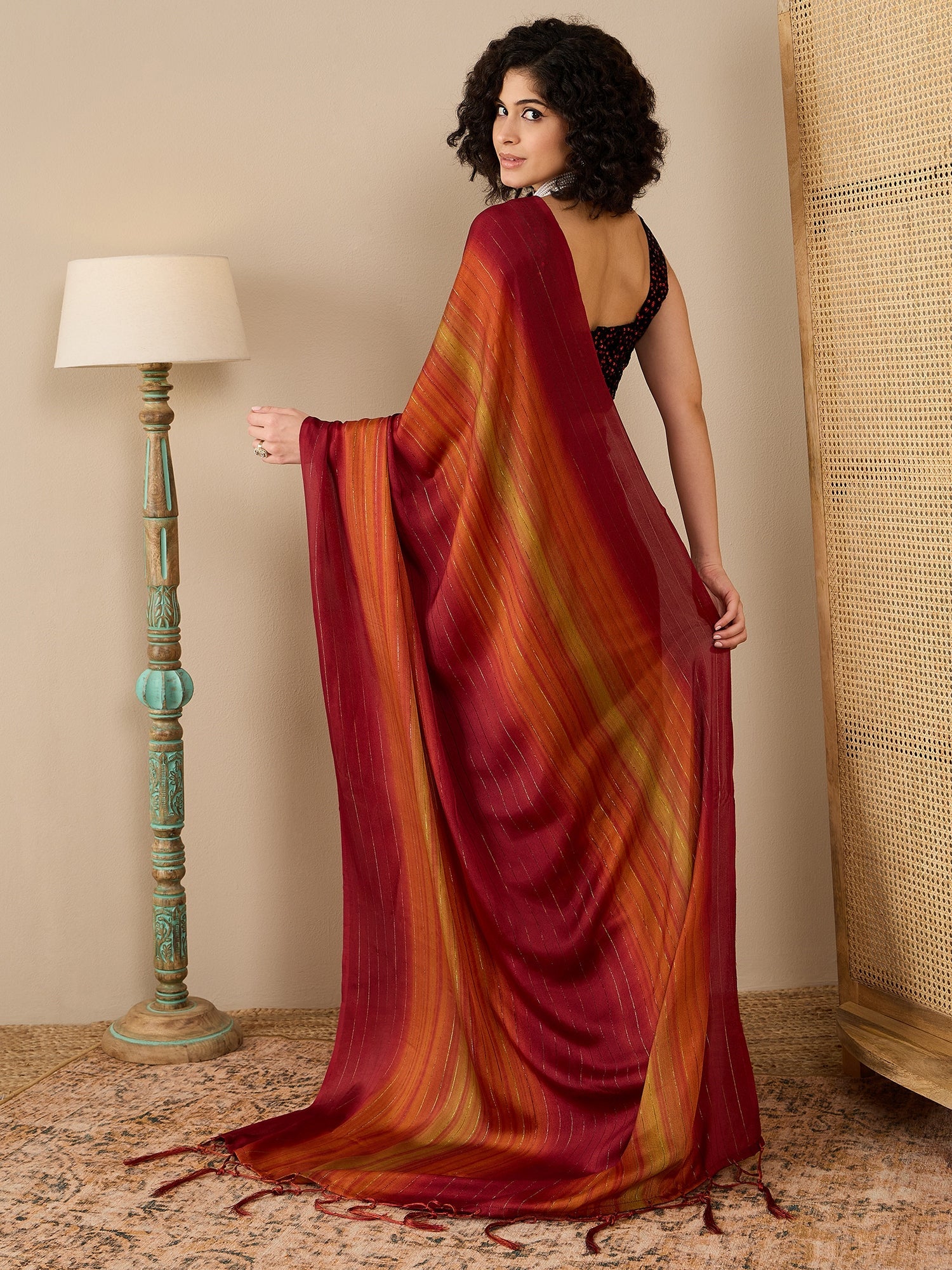 Ready to Wear Maroon Ombre Stripe Georgette Saree - Ressa