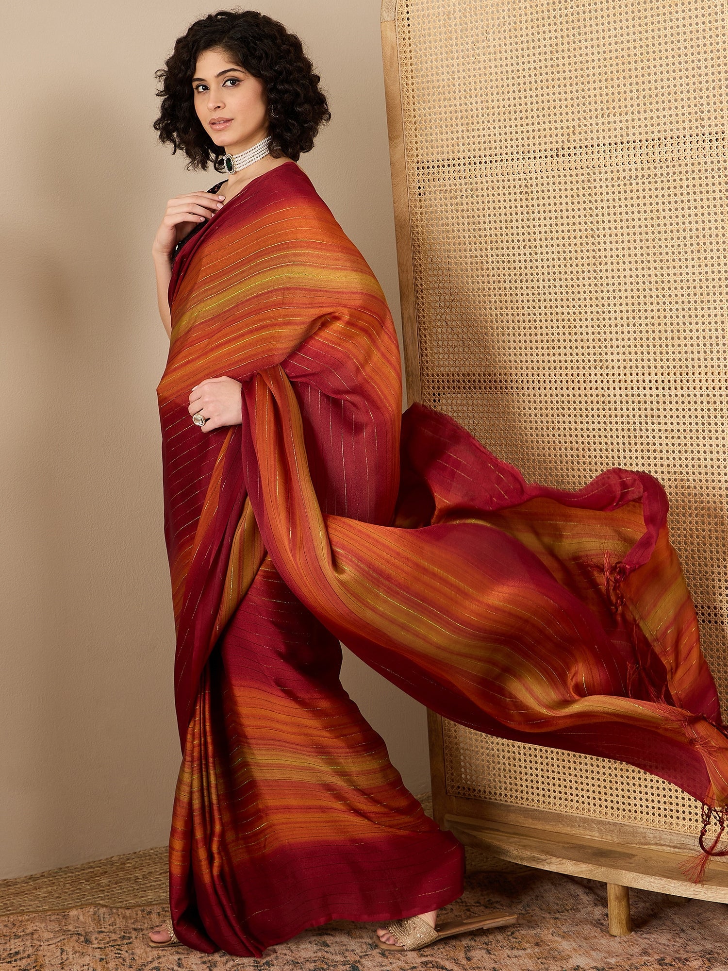 Ready to Wear Maroon Ombre Stripe Georgette Saree - Ressa