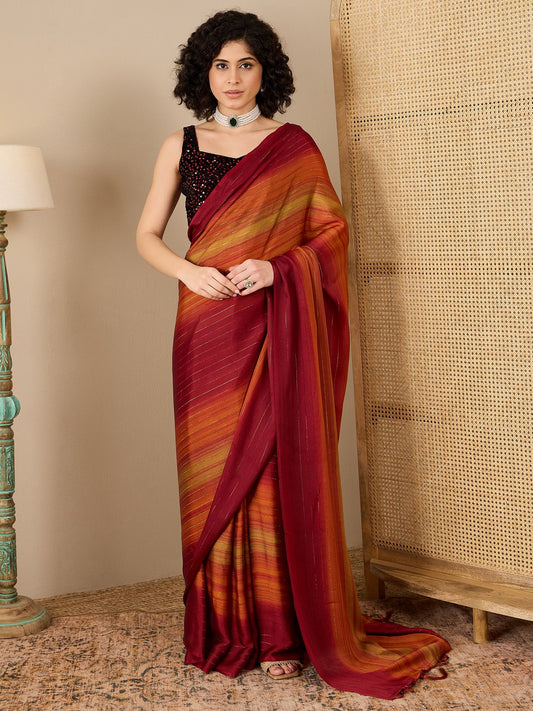 Ready to Wear Maroon Ombre Stripe Georgette Saree - Ressa