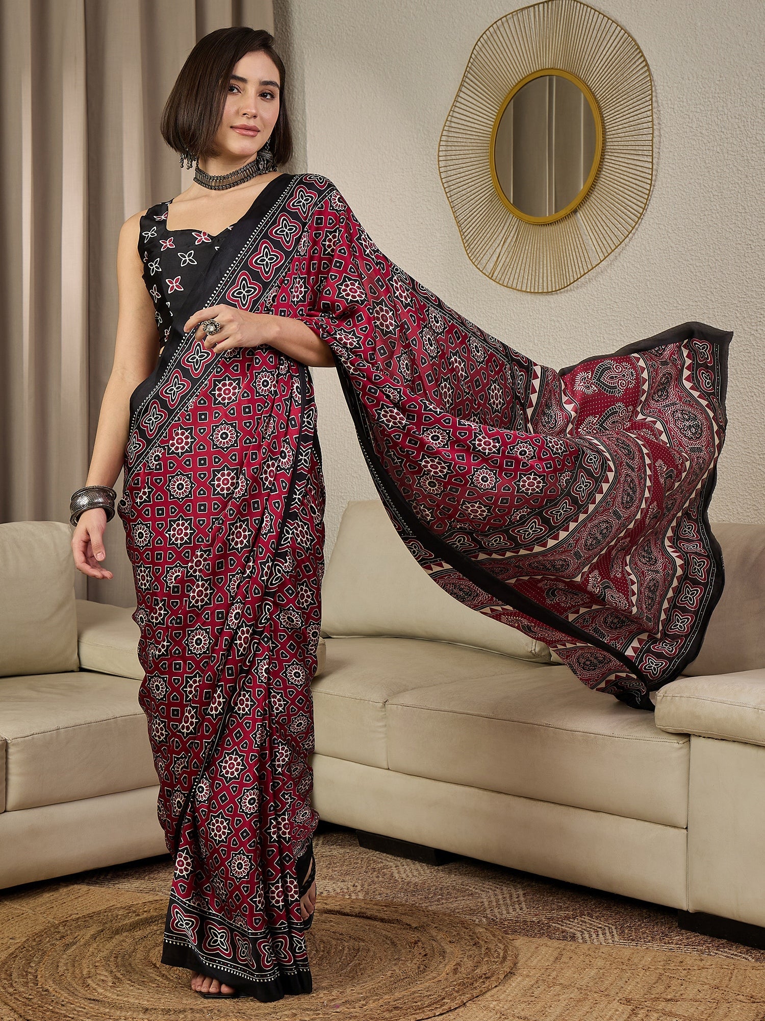 Ready to wear Maroon Satin Ajrakh Print Saree - Ressa