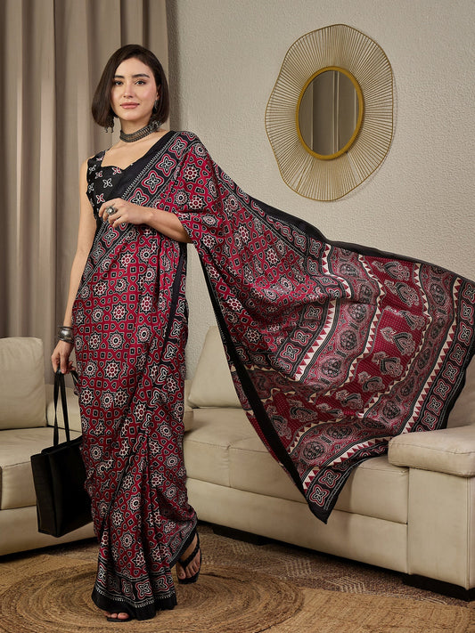 Ready to wear Maroon Satin Ajrakh Print Saree - Ressa