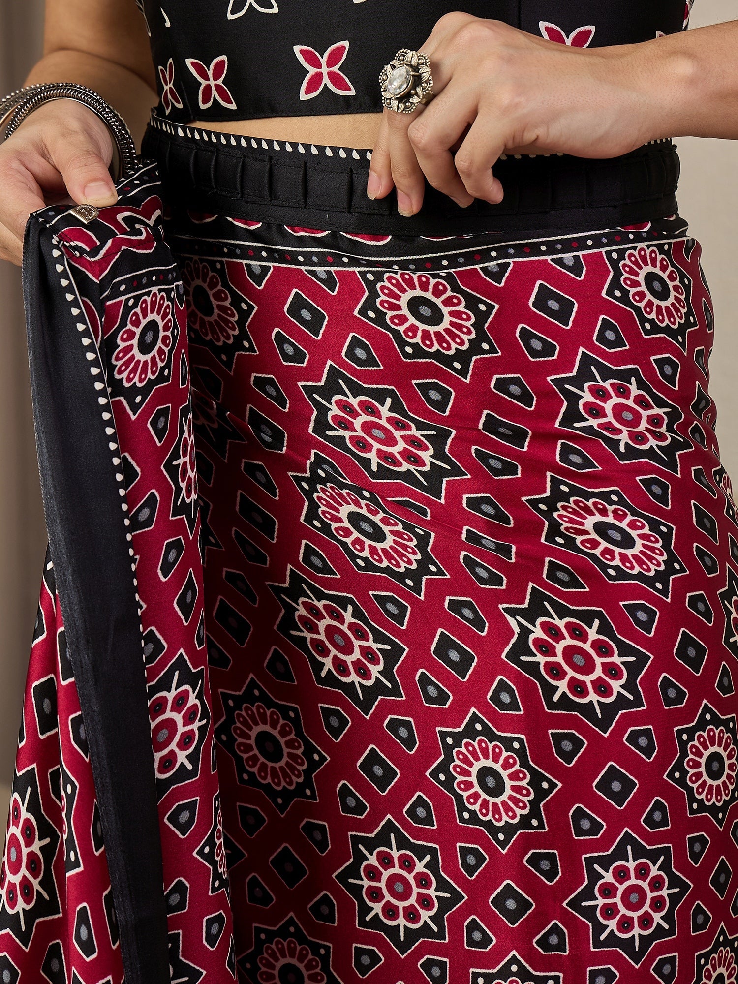 Ready to wear Maroon Satin Ajrakh Print Saree - Ressa