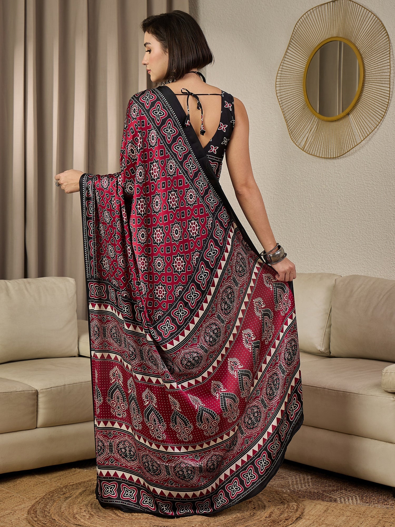 Ready to wear Maroon Satin Ajrakh Print Saree - Ressa