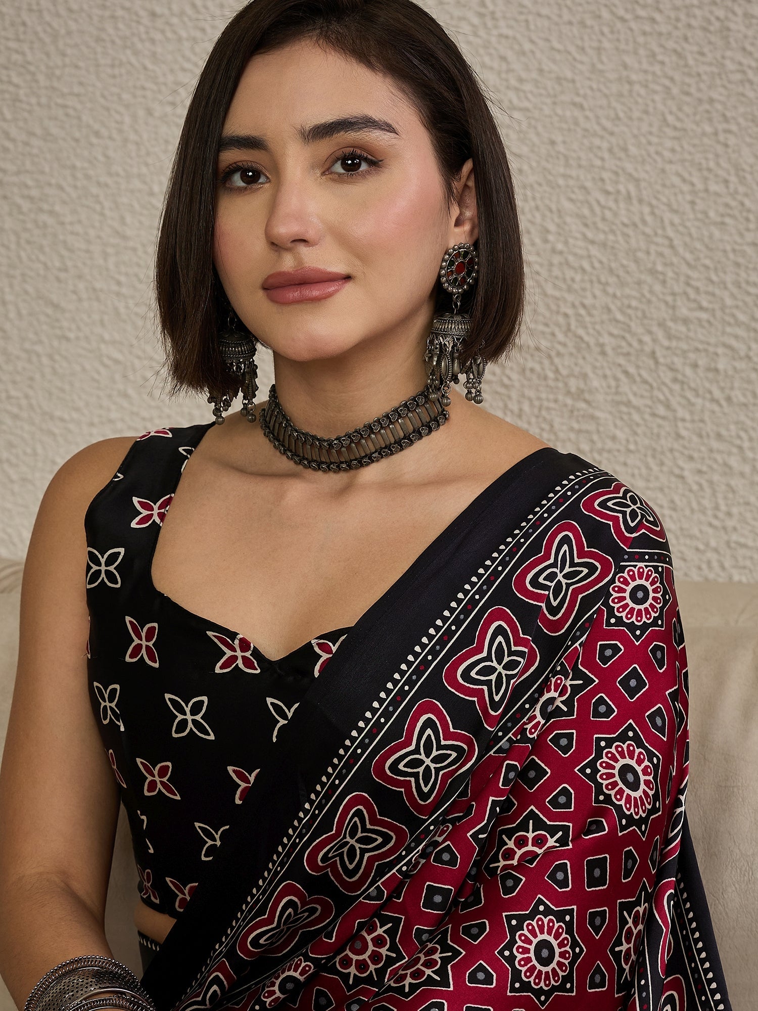Ready to wear Maroon Satin Ajrakh Print Saree - Ressa