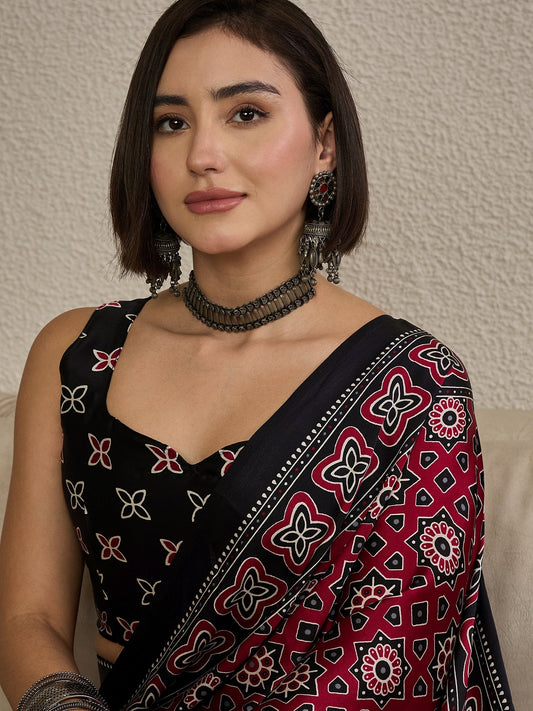 Ready to wear Maroon Satin Ajrakh Print Saree - Ressa