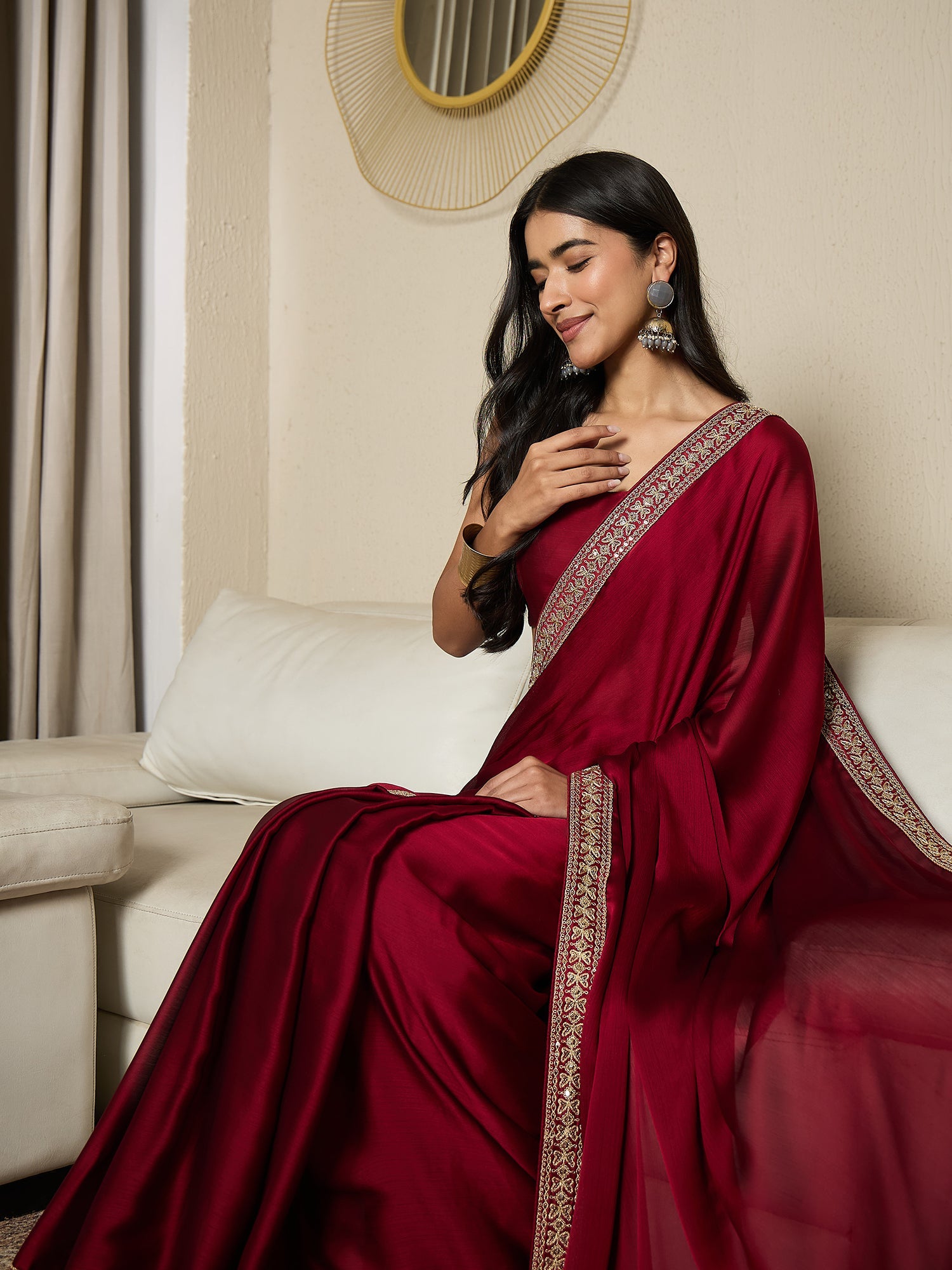 Ready To Wear Maroon Satin Saree - Ressa