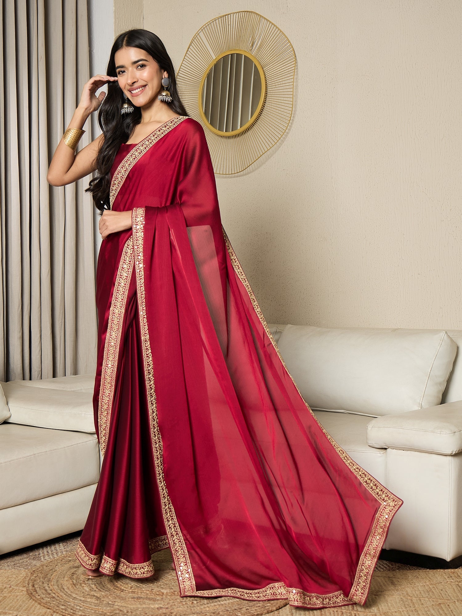 Ready To Wear Maroon Satin Saree - Ressa